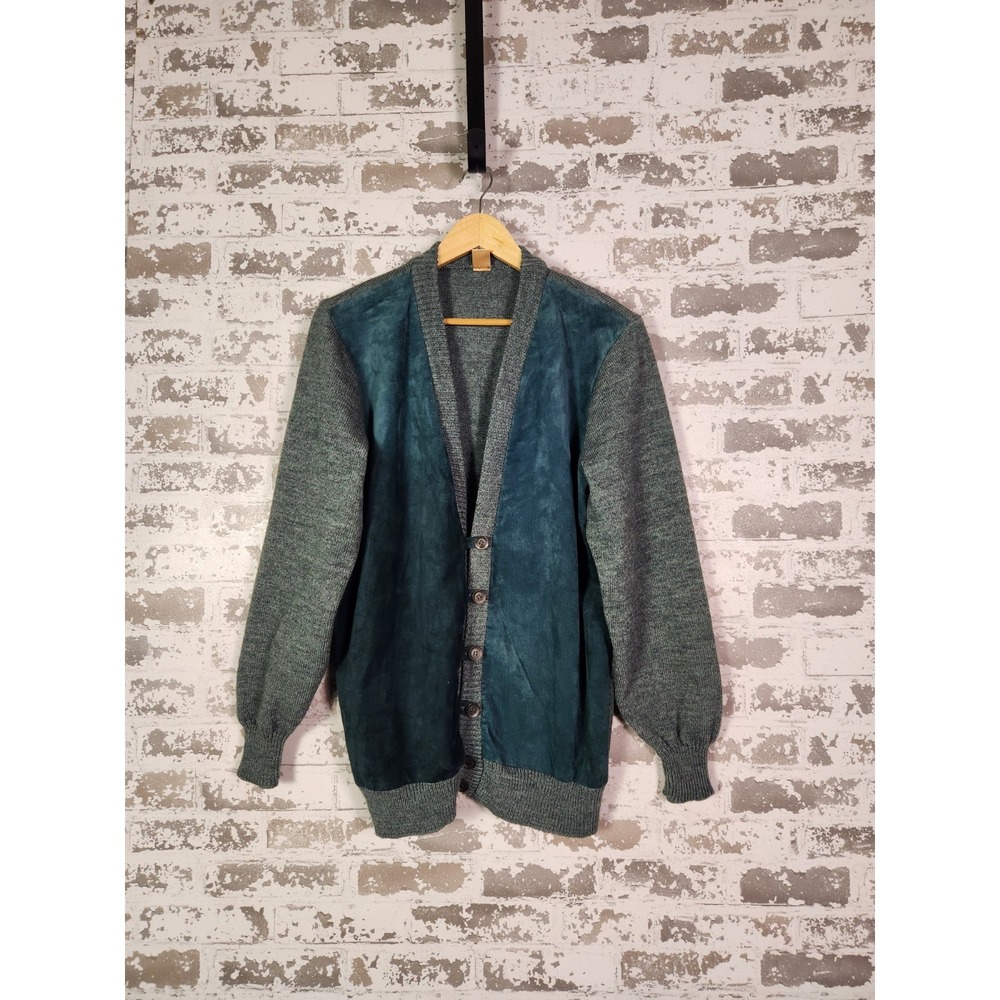 Vintage Suede‎ Cardigan Sweater Large Green Pigskin Grandpacore Mixed Media
